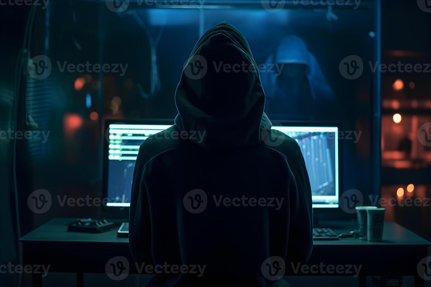 Internet hacker sitting at personal computer laptop tablet photo