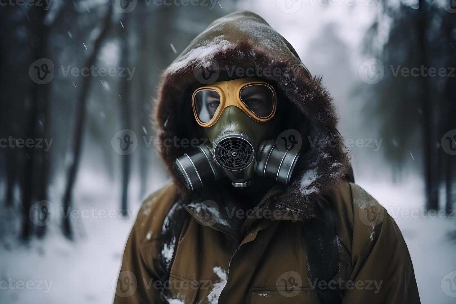 ai generado nuclear invierno después atómico bomba explotar. naturaleza mundo desastre. hombre en gas mascarilla. riesgo biológico niño sufrir foto