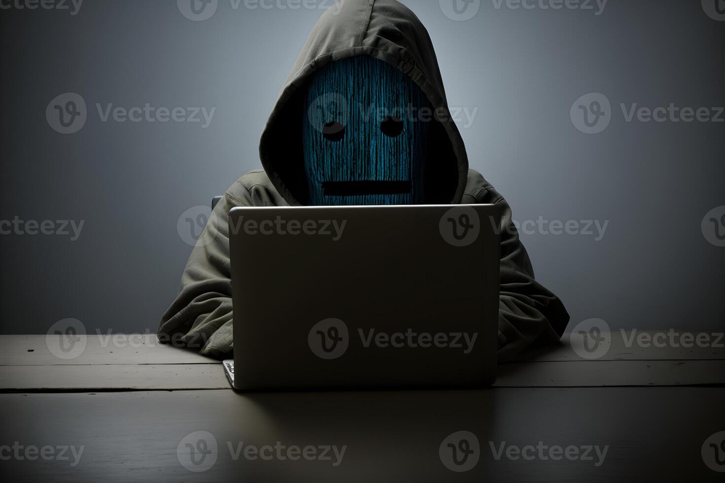 Internet hacker sitting at personal computer laptop tablet photo