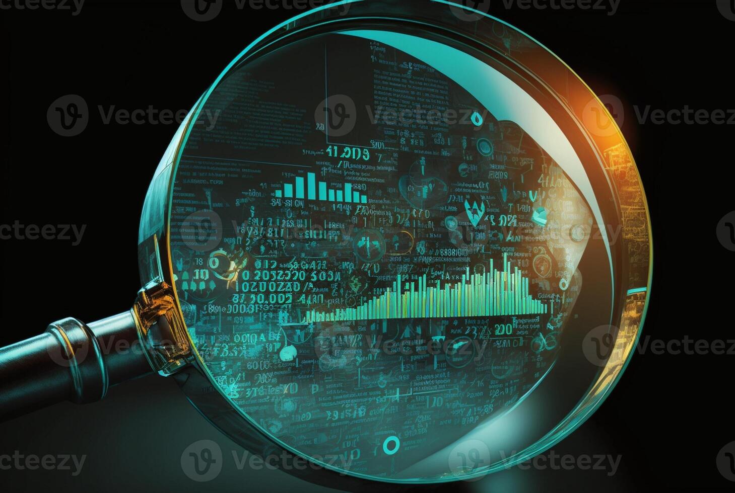Magnifying glass search for investment and stock market. photo