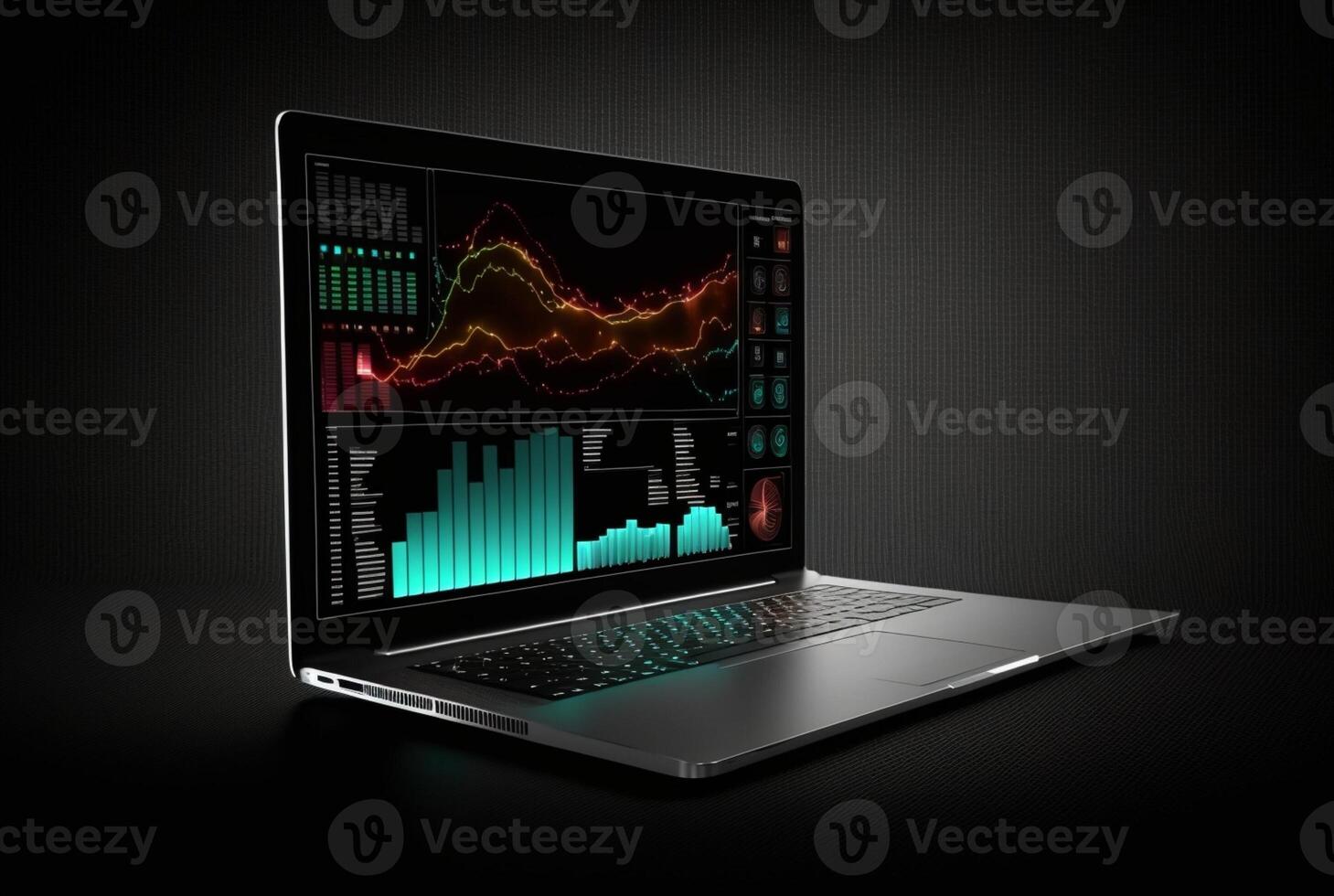 laptop with data analytics isolated black background. photo