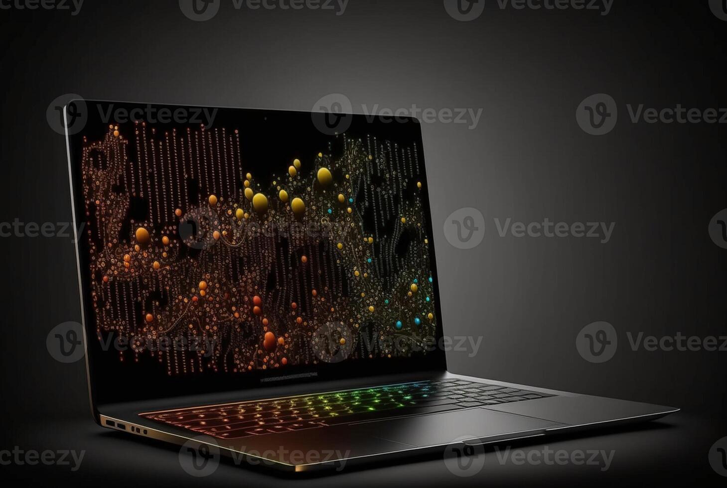 laptop with data analytics isolated black background. photo