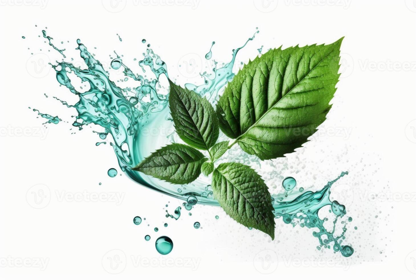 Green mint leaf with water splash isolated on white background. photo
