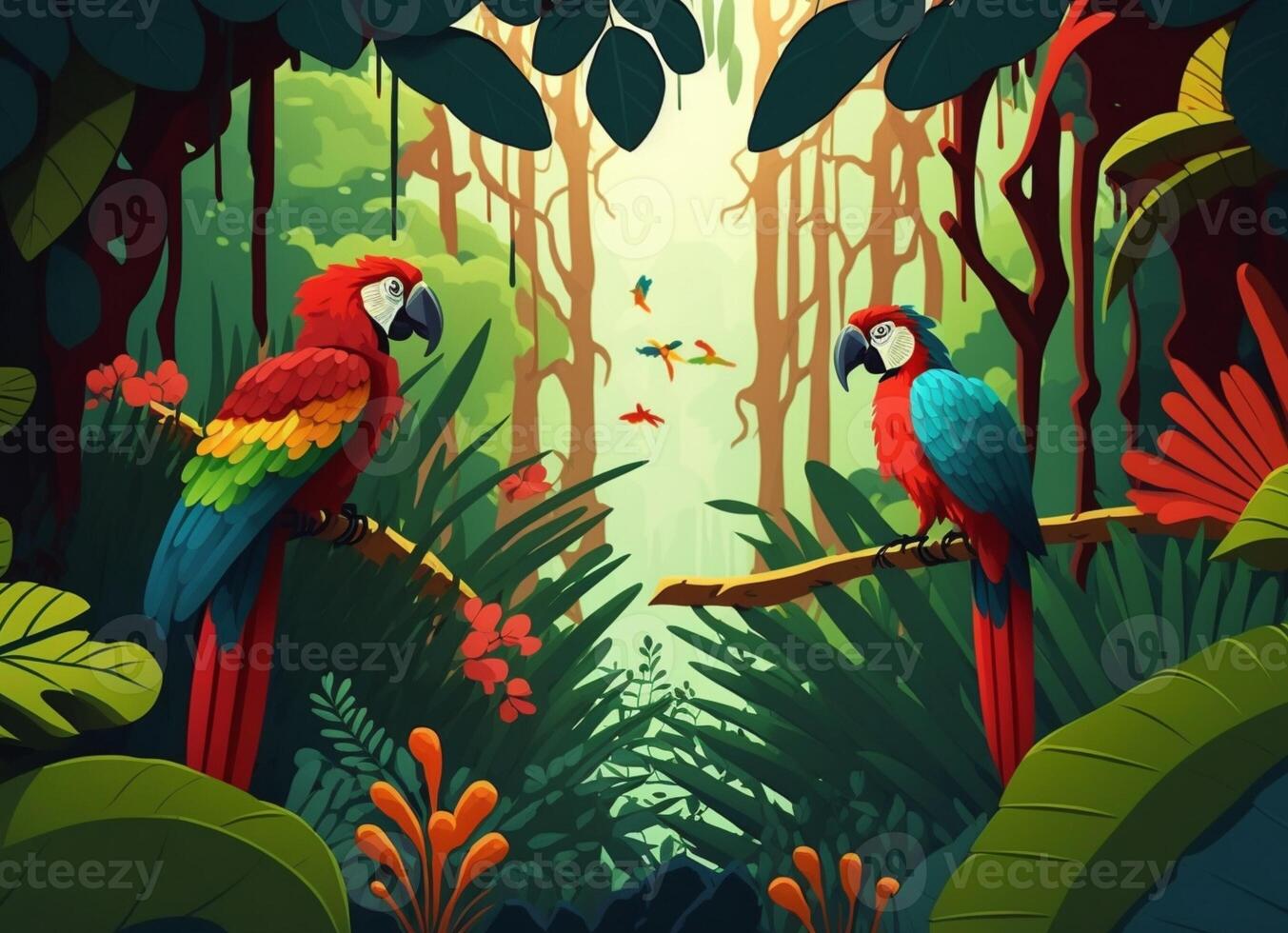 Illustration of a tropical rainforest with parrots. . photo