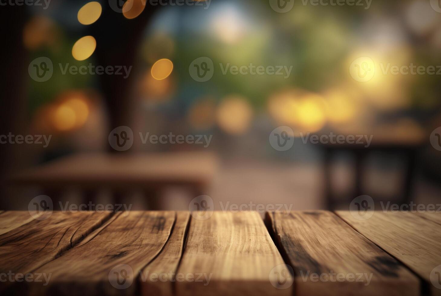 Empty wooden table with bokeh background. photo