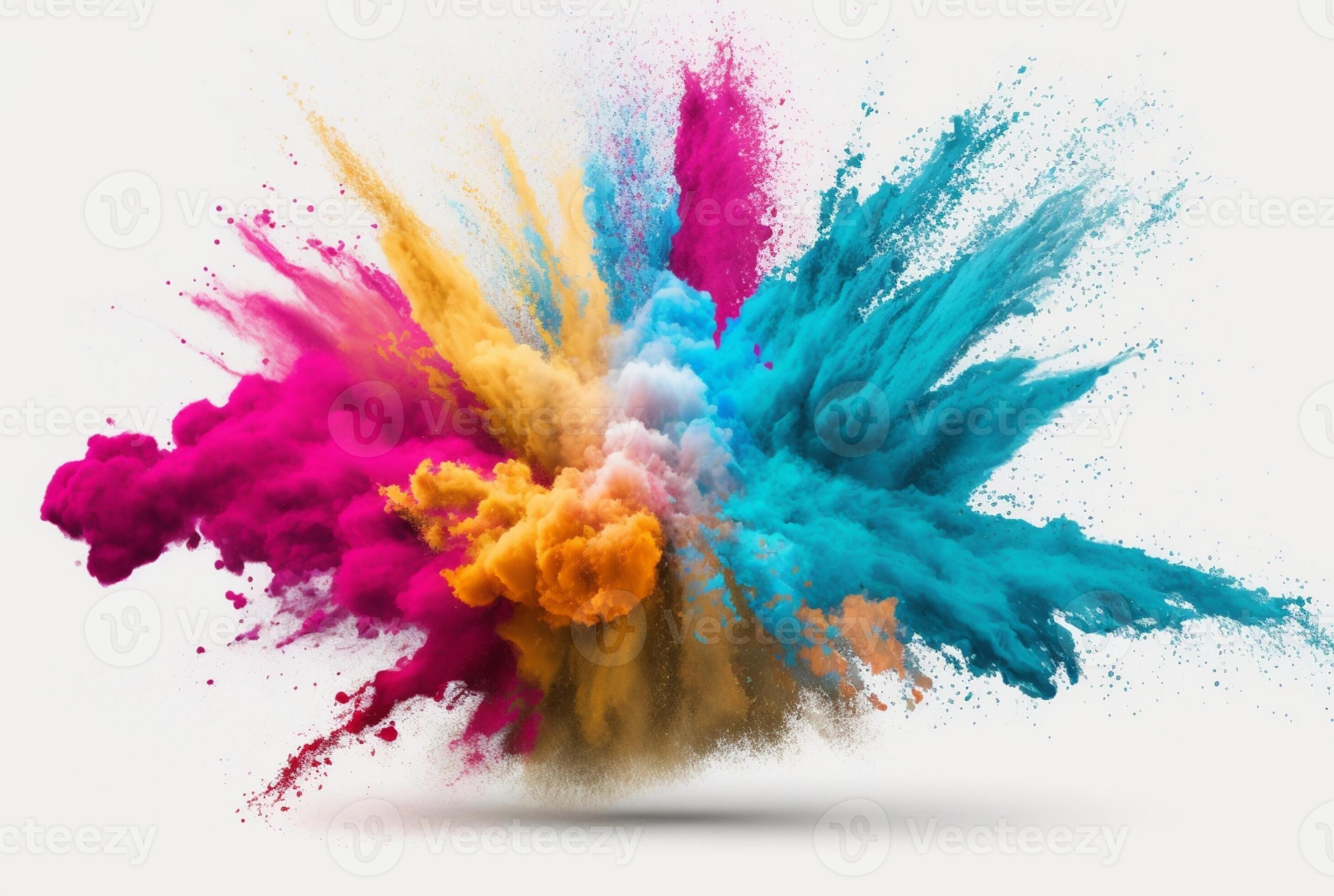 Holi color powder explosion with rainbow on isolated white background