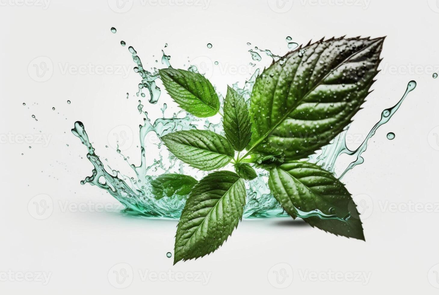 Green mint leaf with water splash isolated on white background. photo