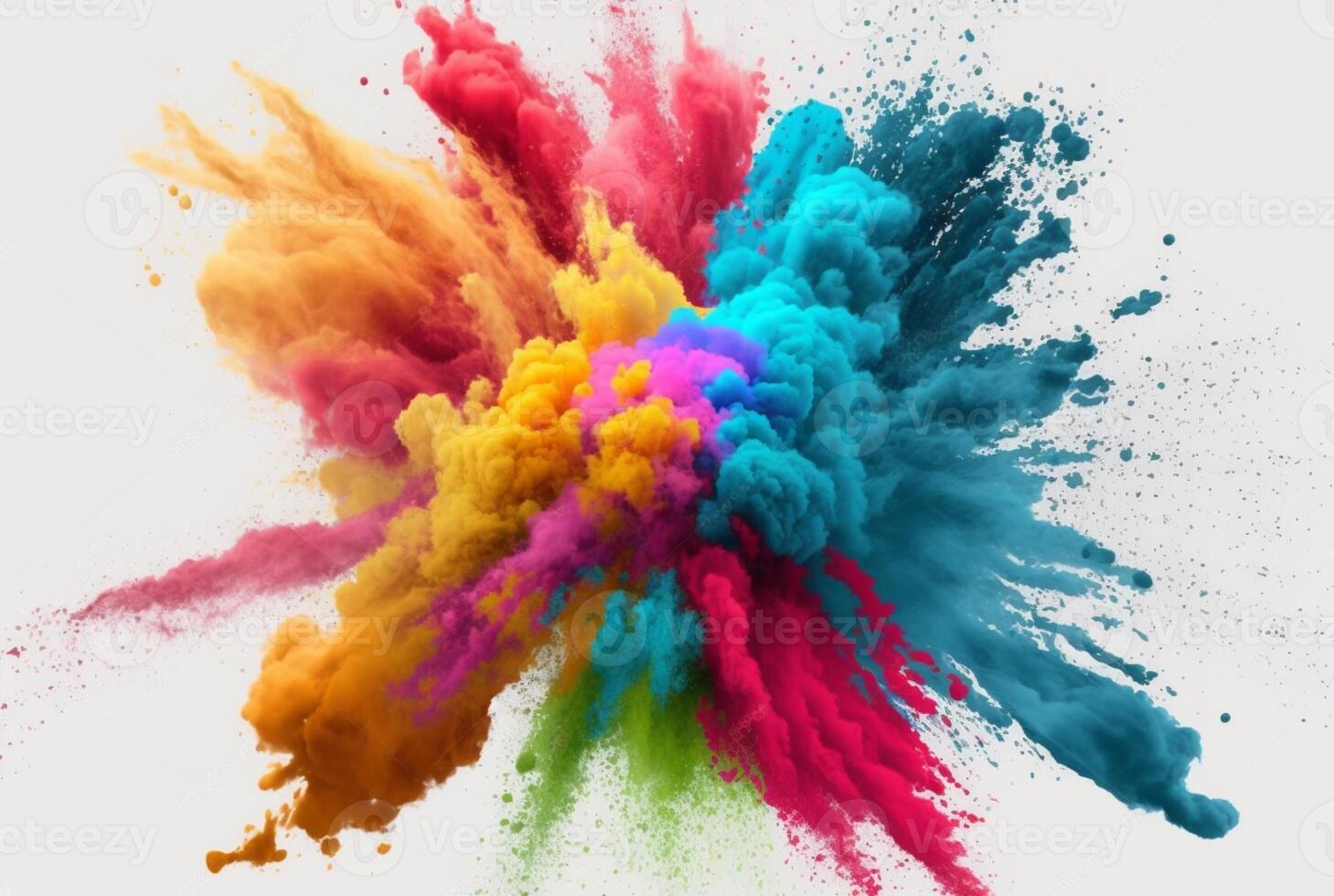 Holi color powder explosion with rainbow on isolated white background, burst of vibrant colors. photo