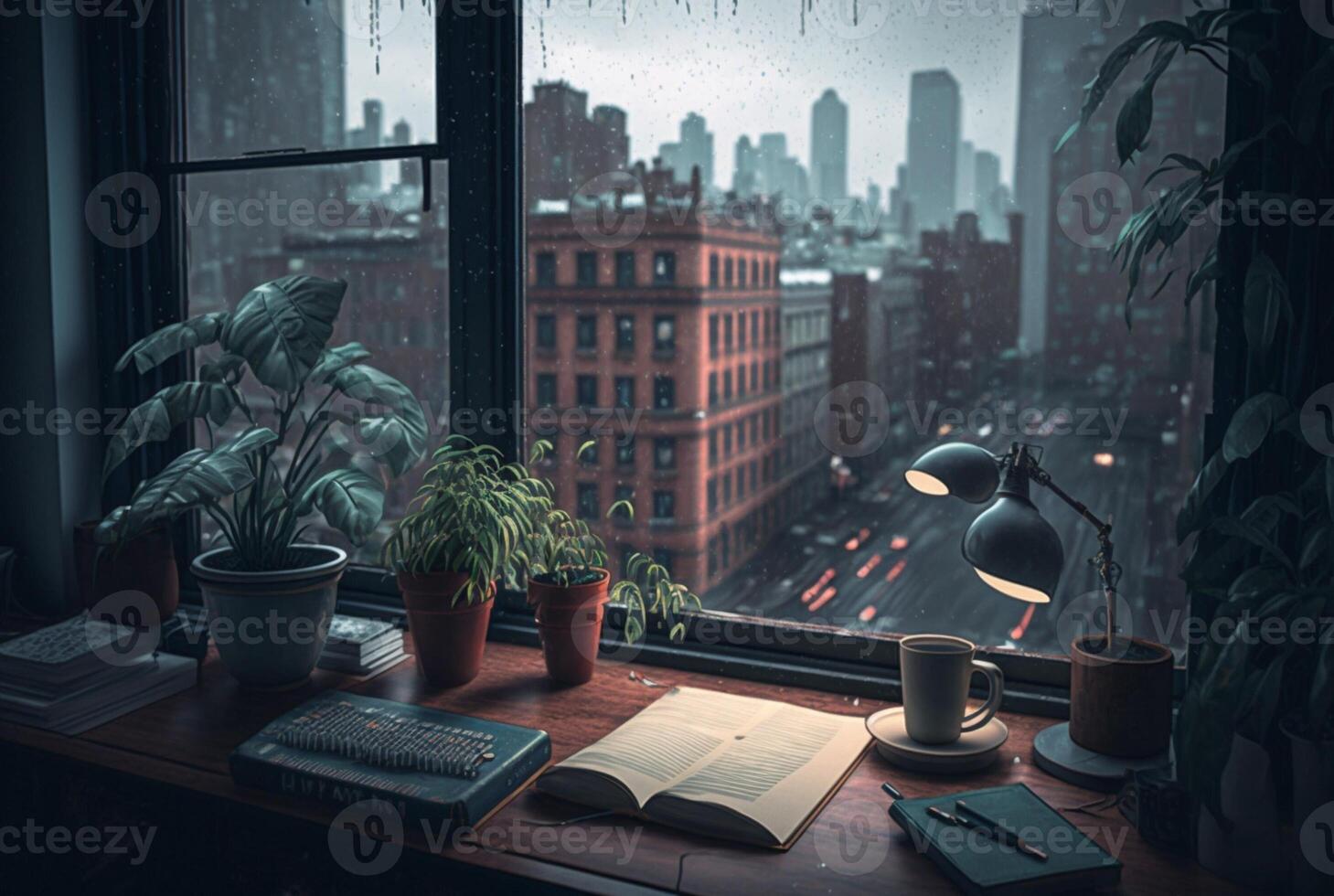 a table with a book and a plant on it in front of a window with a view of the city outside the rainy window. photo