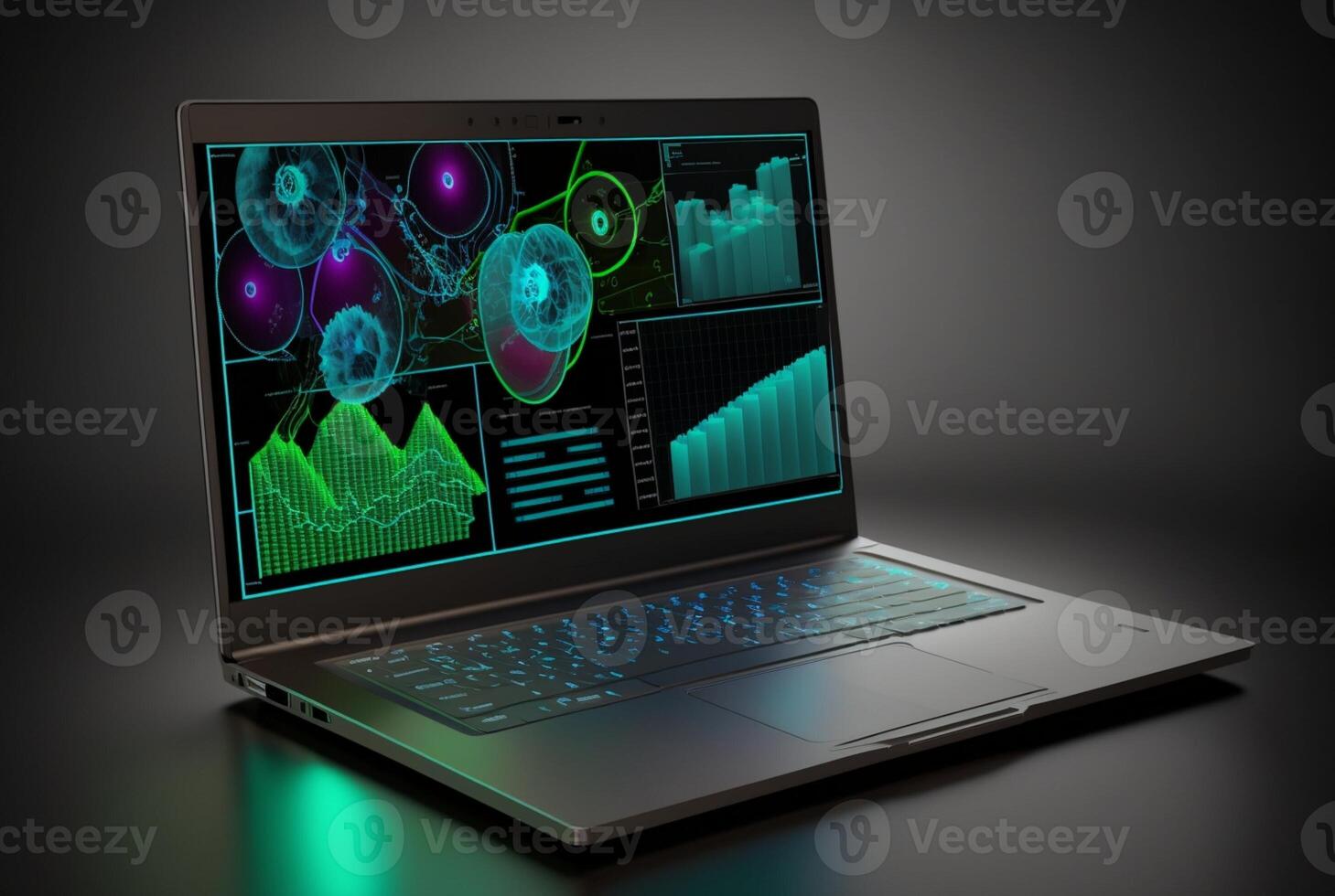 laptop with data analytics isolated black background. photo