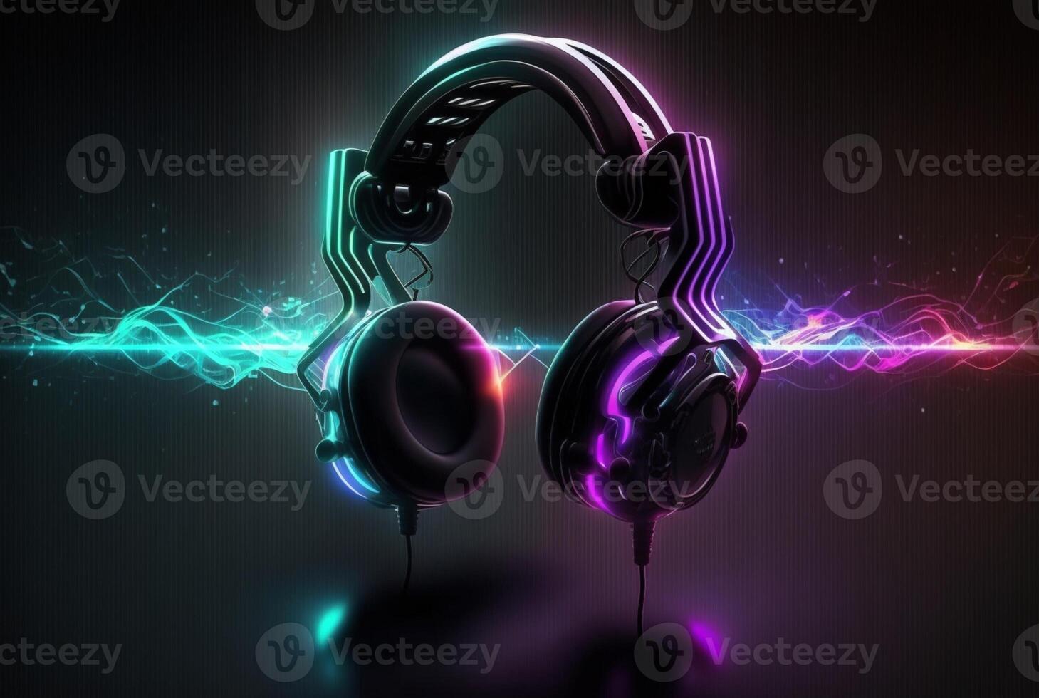 Headphones with neon light on dark background. photo
