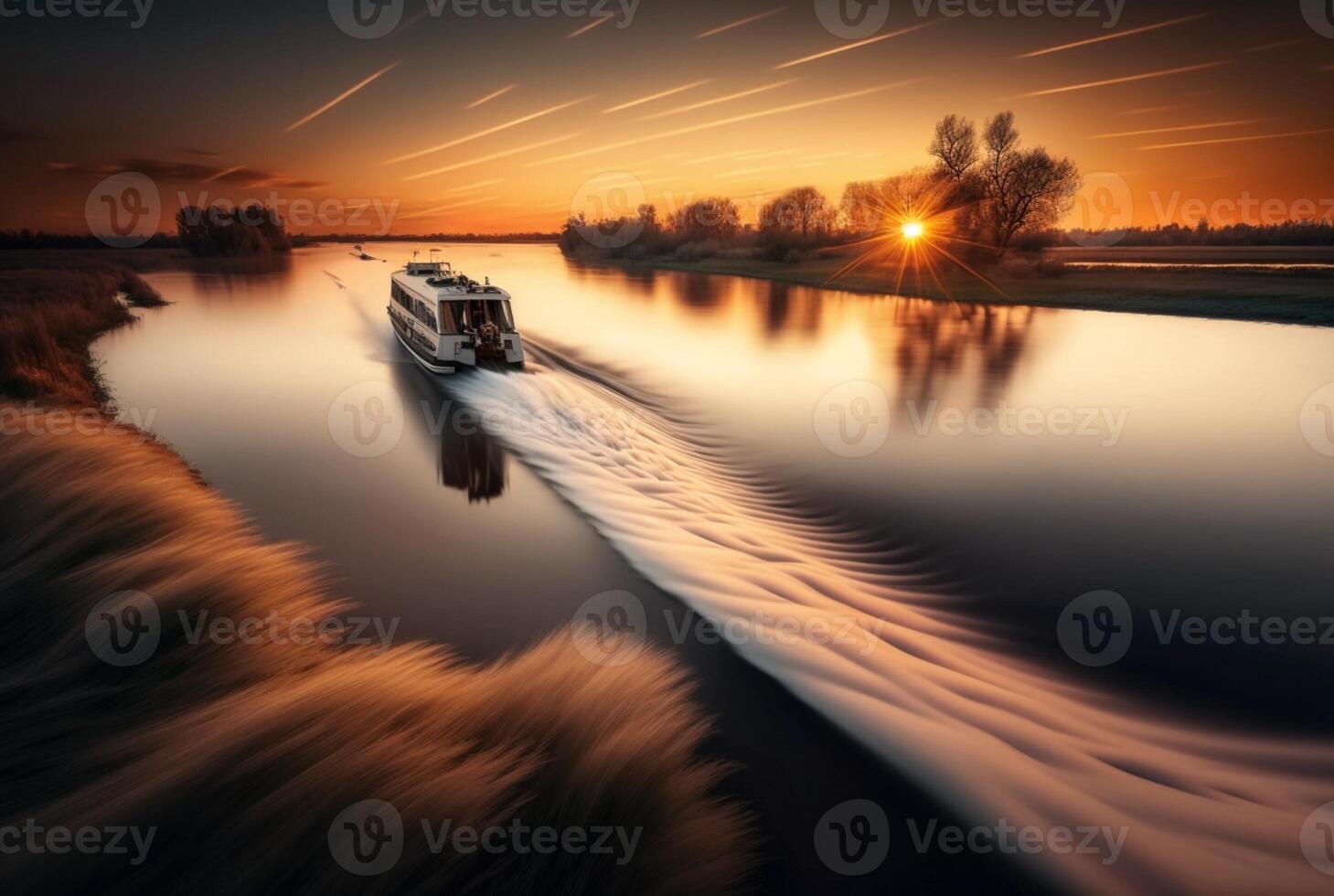 landscape view of ship on river and sunset, photo