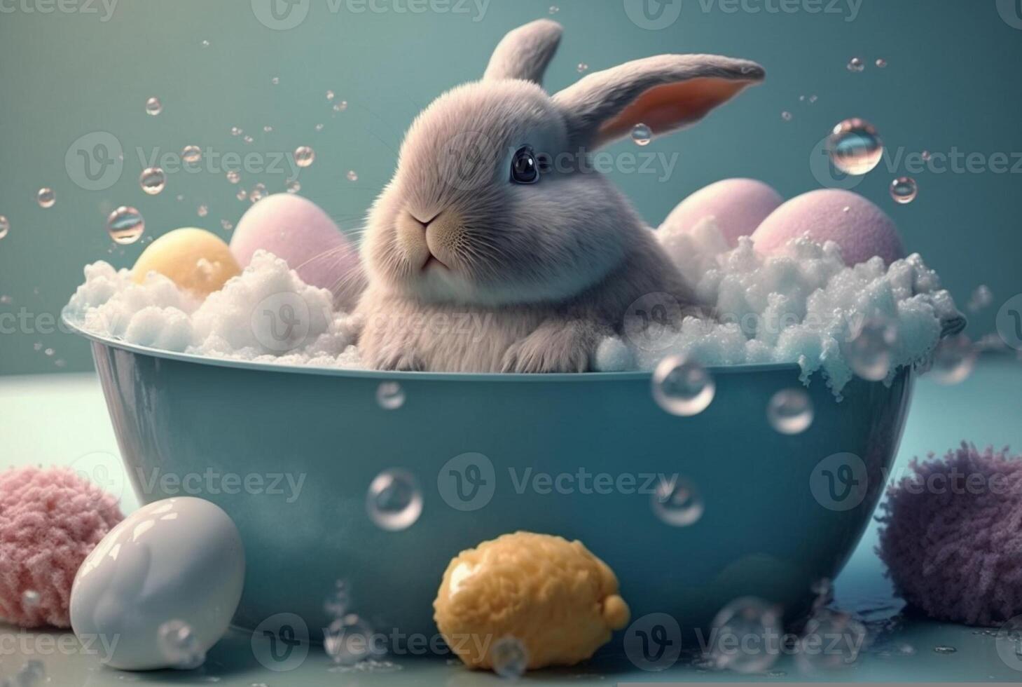 cute bunny taking a bath in a bath with balls. 23281684 Stock Photo at