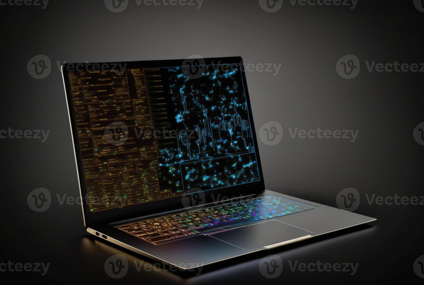 laptop with data analytics isolated black background. photo