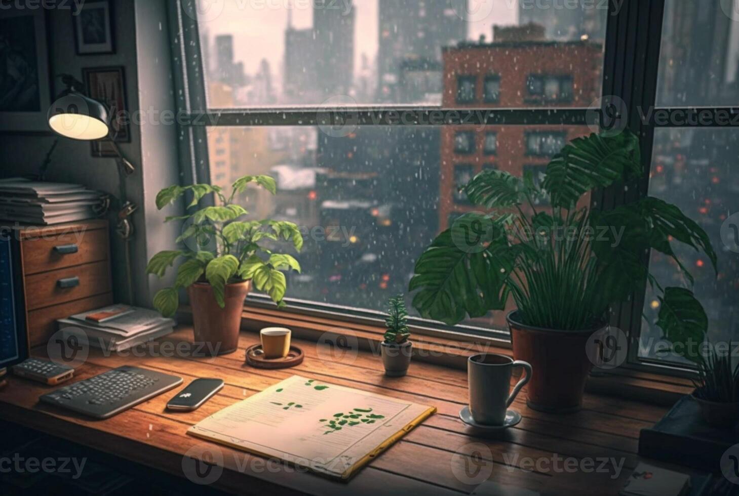 un mesa con un libro y un planta en eso en frente de un ventana con un ver de el ciudad fuera de el lluvioso ventana. generativo ai foto