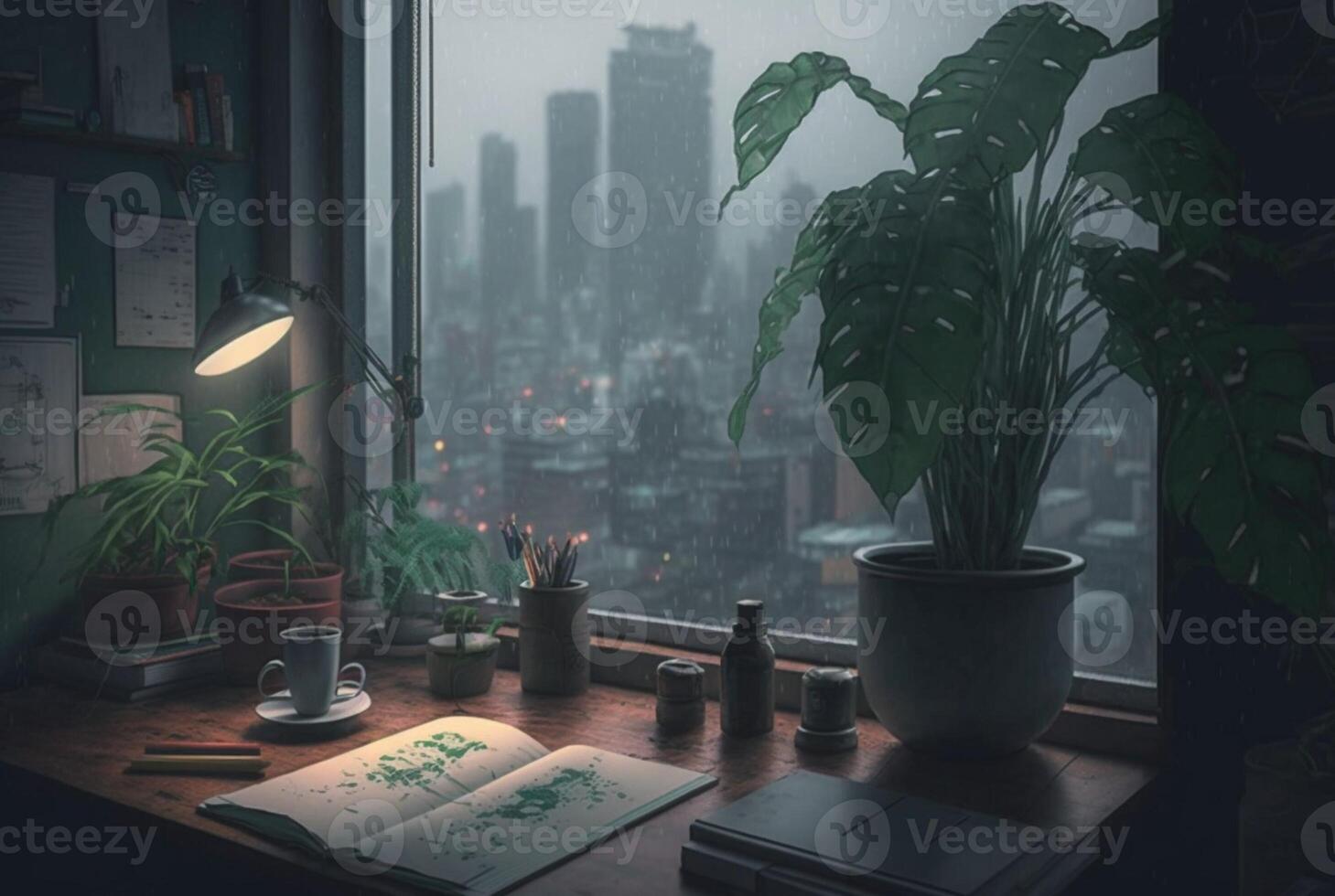 a table with a book and a plant on it in front of a window with a view of the city outside the rainy window. photo