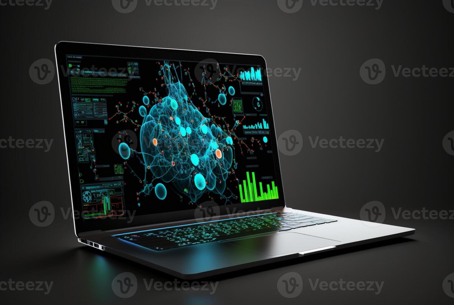 laptop with data analytics isolated black background. photo