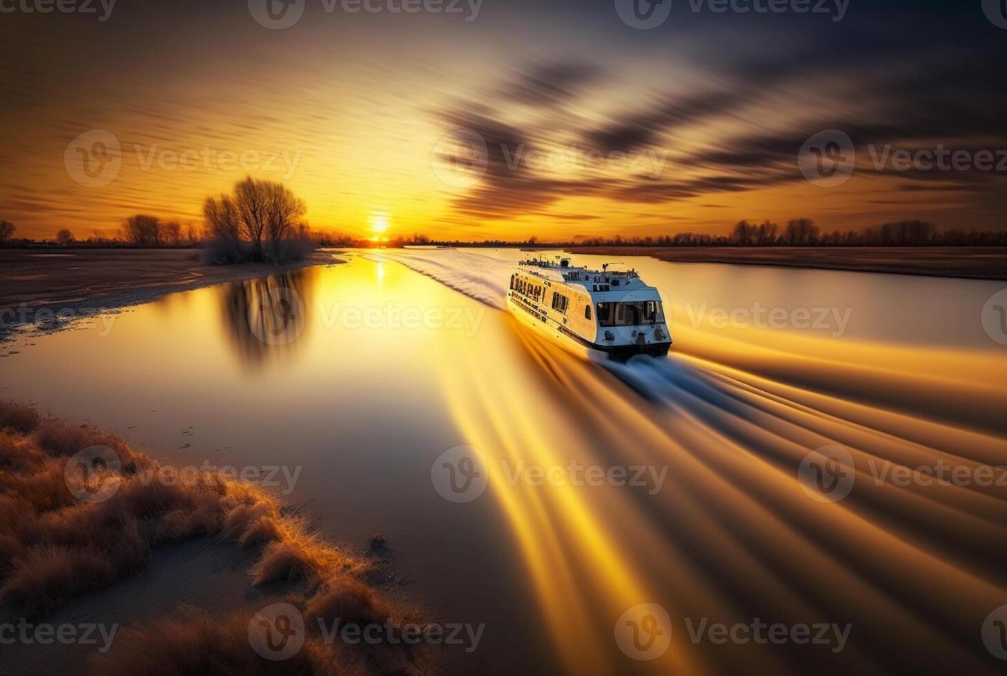 landscape view of ship on river and sunset, photo