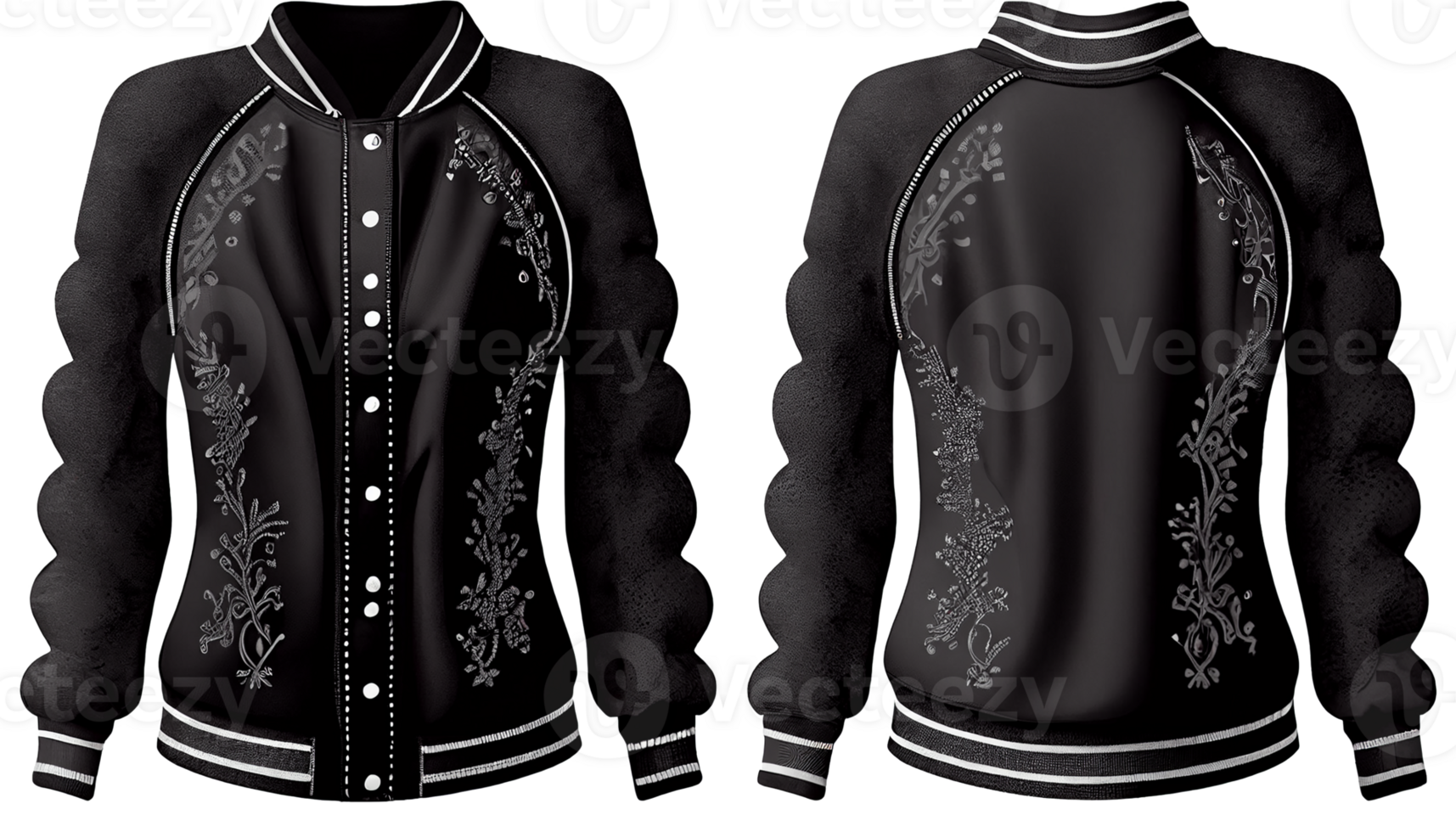 Baseball jacket for ladies long sleeve, print mockup, 3d render, Front and back, copy space, png