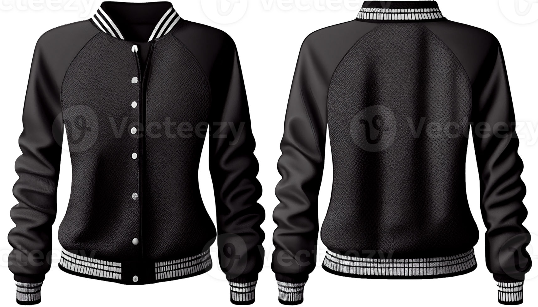 Baseball jacket for ladies long sleeve, print mockup, 3d render, Front and back, copy space, png