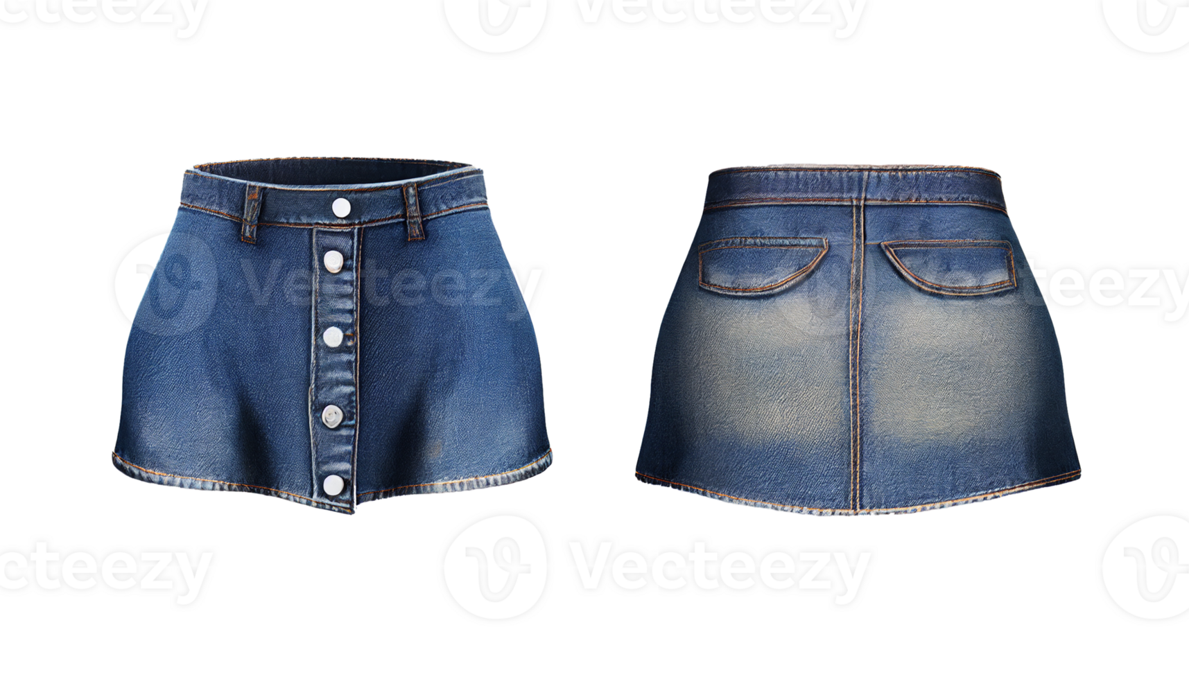 mini jupe jeans de face et dos, 3d rendre, de face et dos, copie espace, génératif ai png