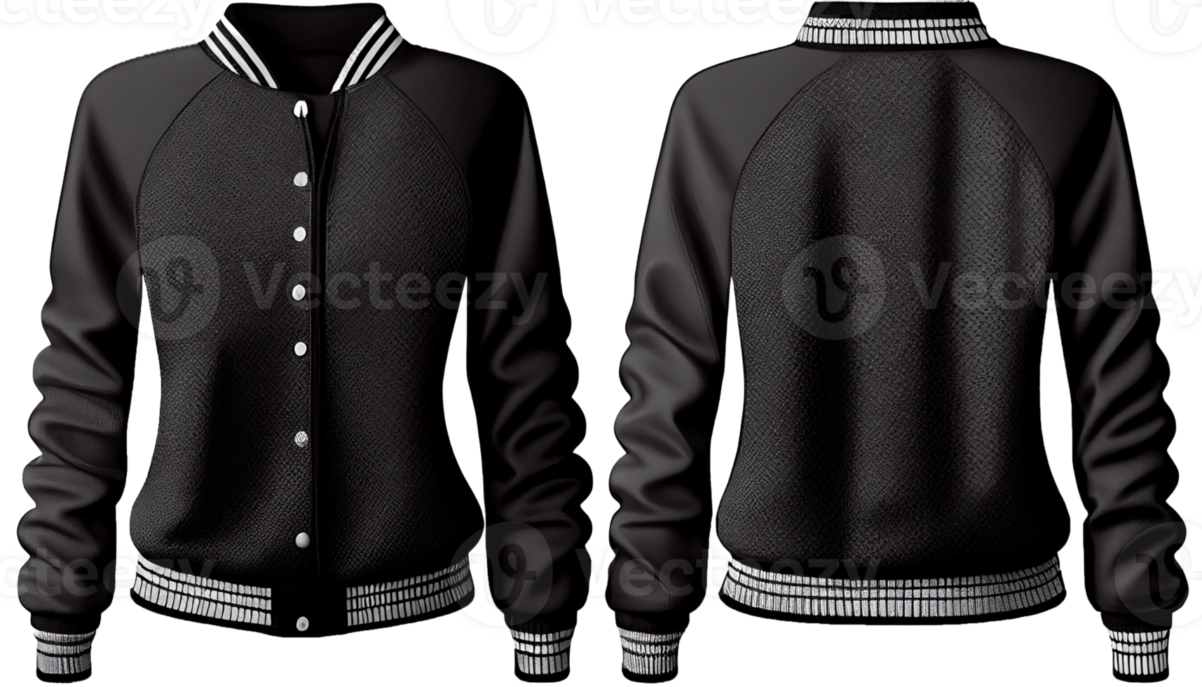 Baseball Jacke zum Damen lange Ärmel, drucken Attrappe, Lehrmodell, Simulation, 3d machen, Vorderseite und zurück, Kopieren Raum, generativ ai png