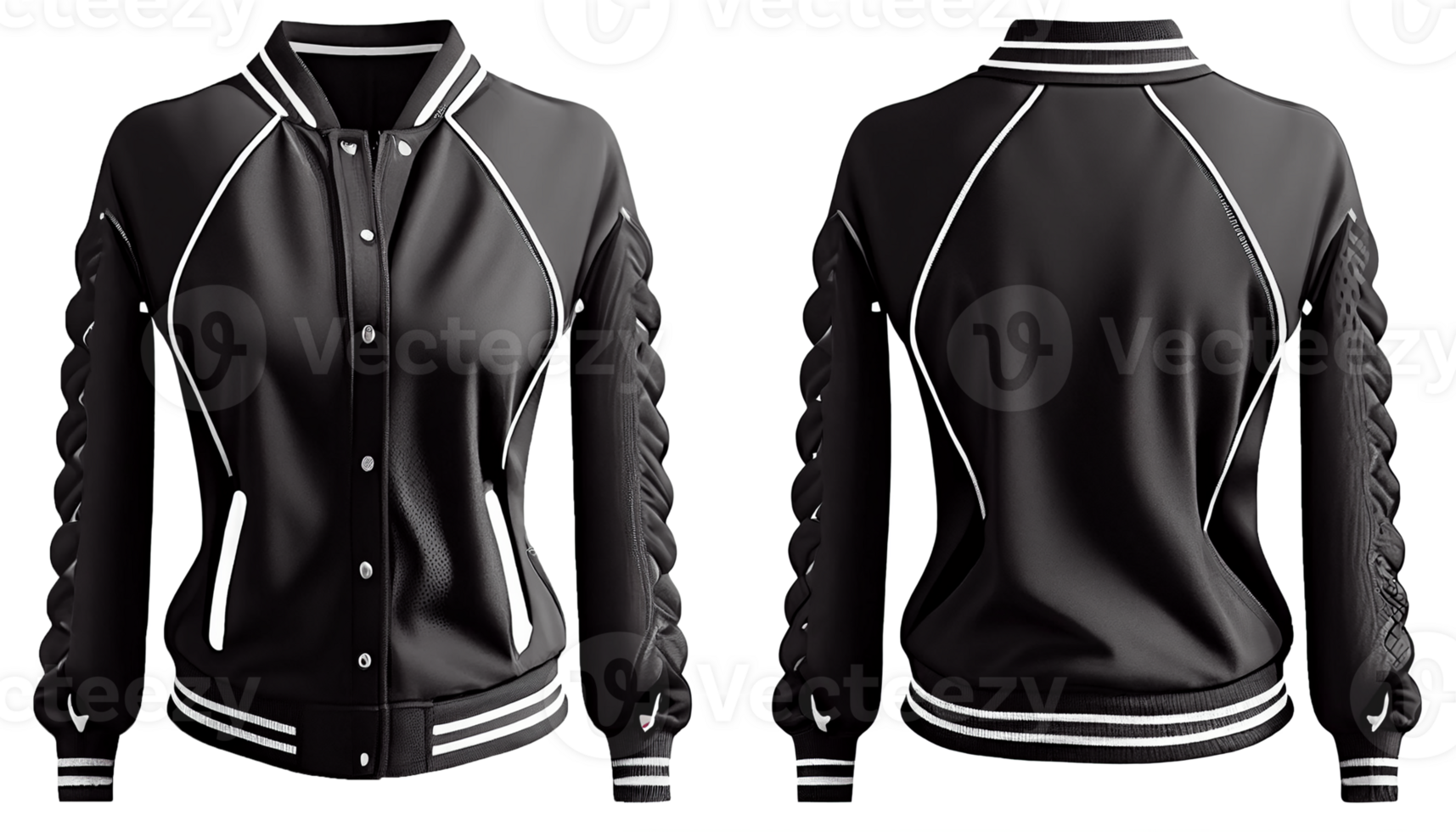 Baseball jacket for ladies long sleeve, print mockup, 3d render, Front and back, copy space, png