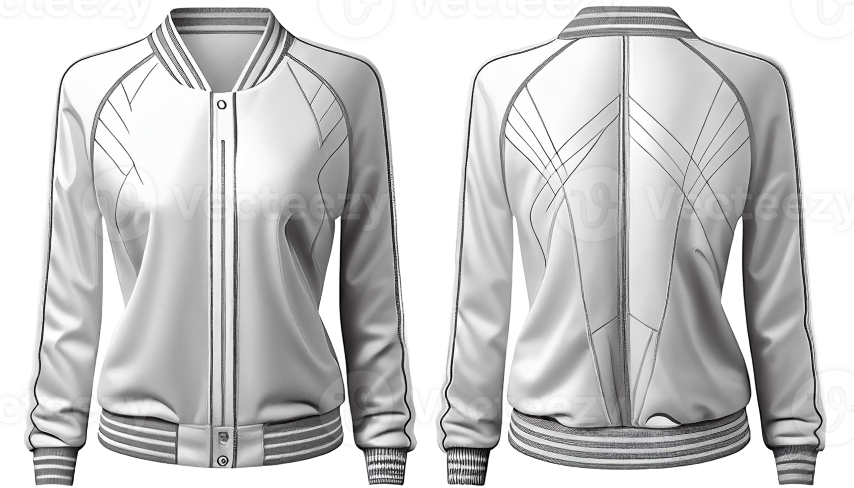 Baseball jacket for ladies long sleeve, print mockup, 3d render, Front and back, copy space, png