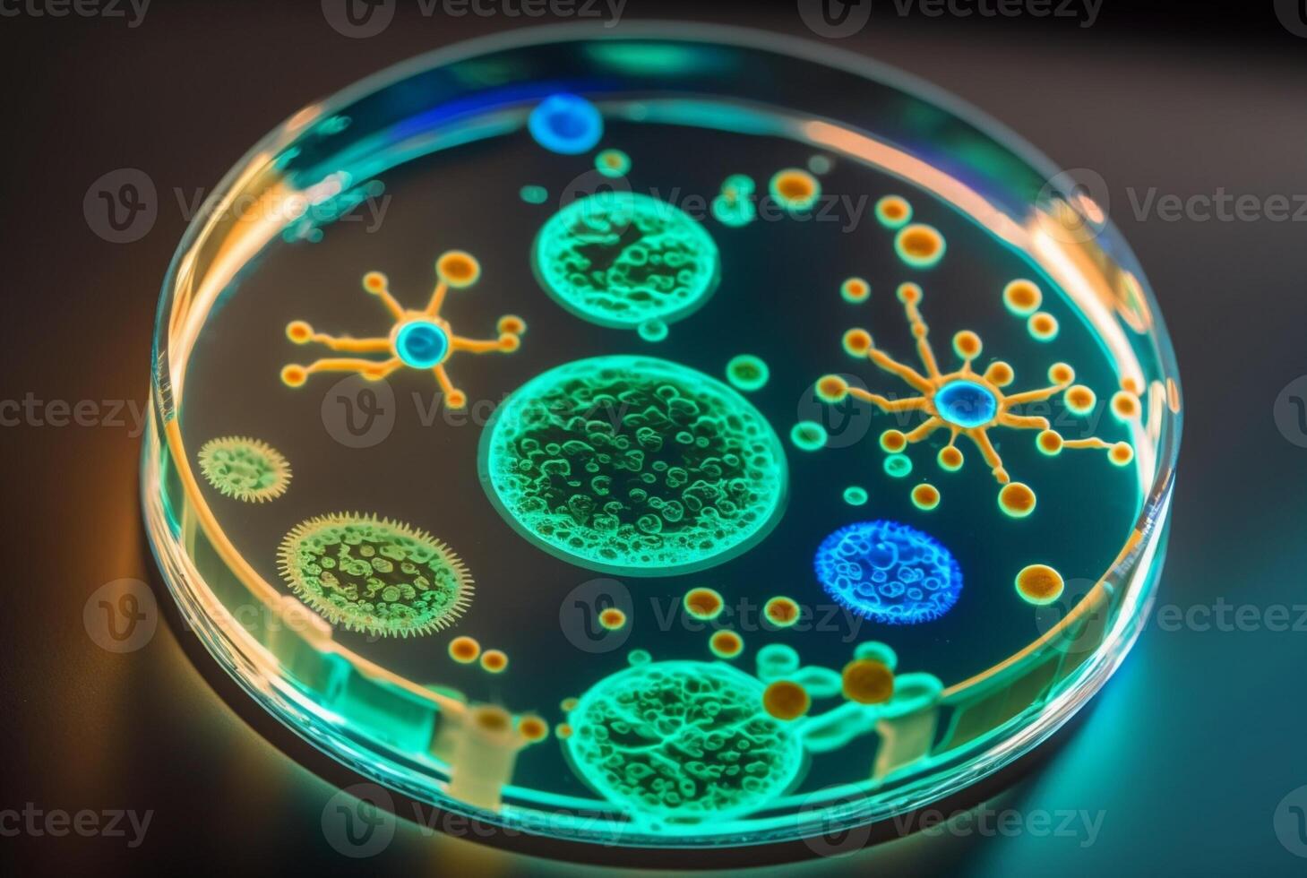 close-up of bacteria, with magnifying glass in the background. photo