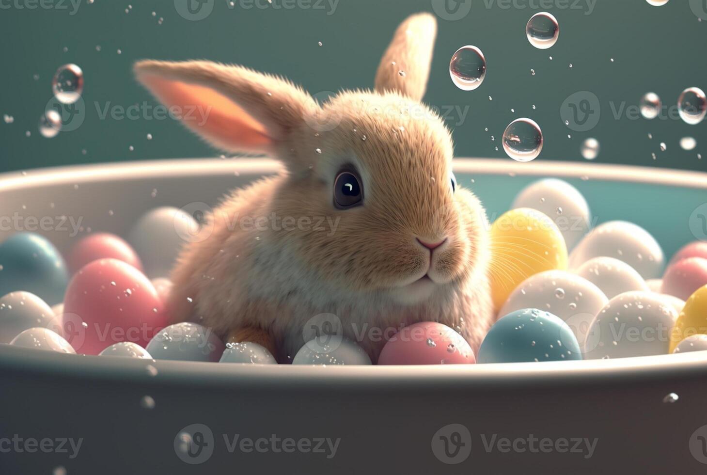 cute bunny taking a bath in a bath with balls. photo