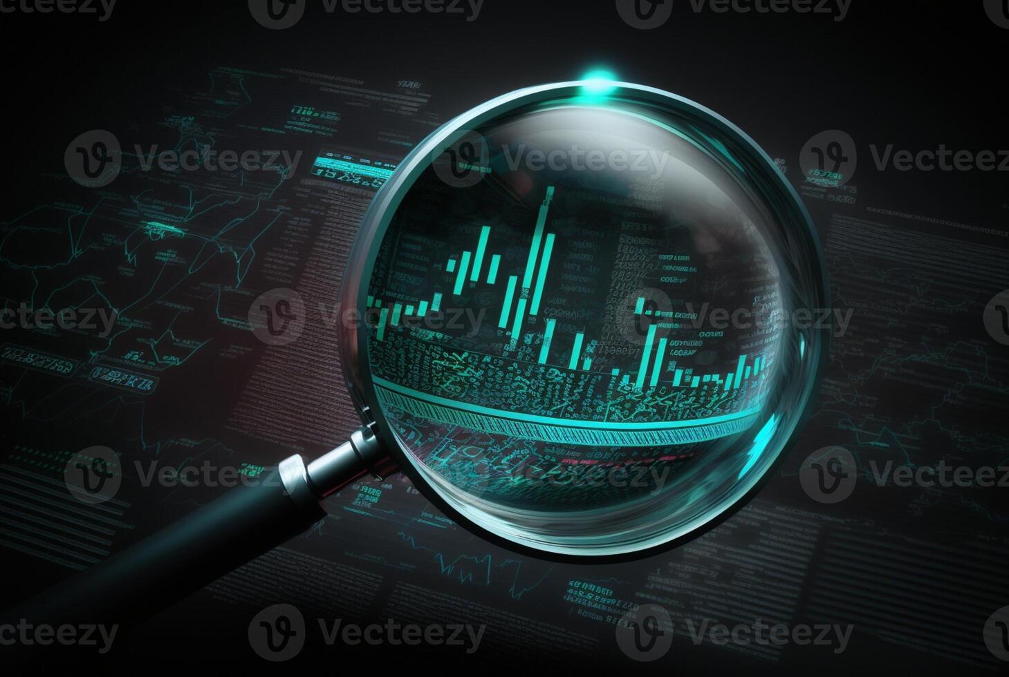 Magnifying glass search for investment and stock market. photo