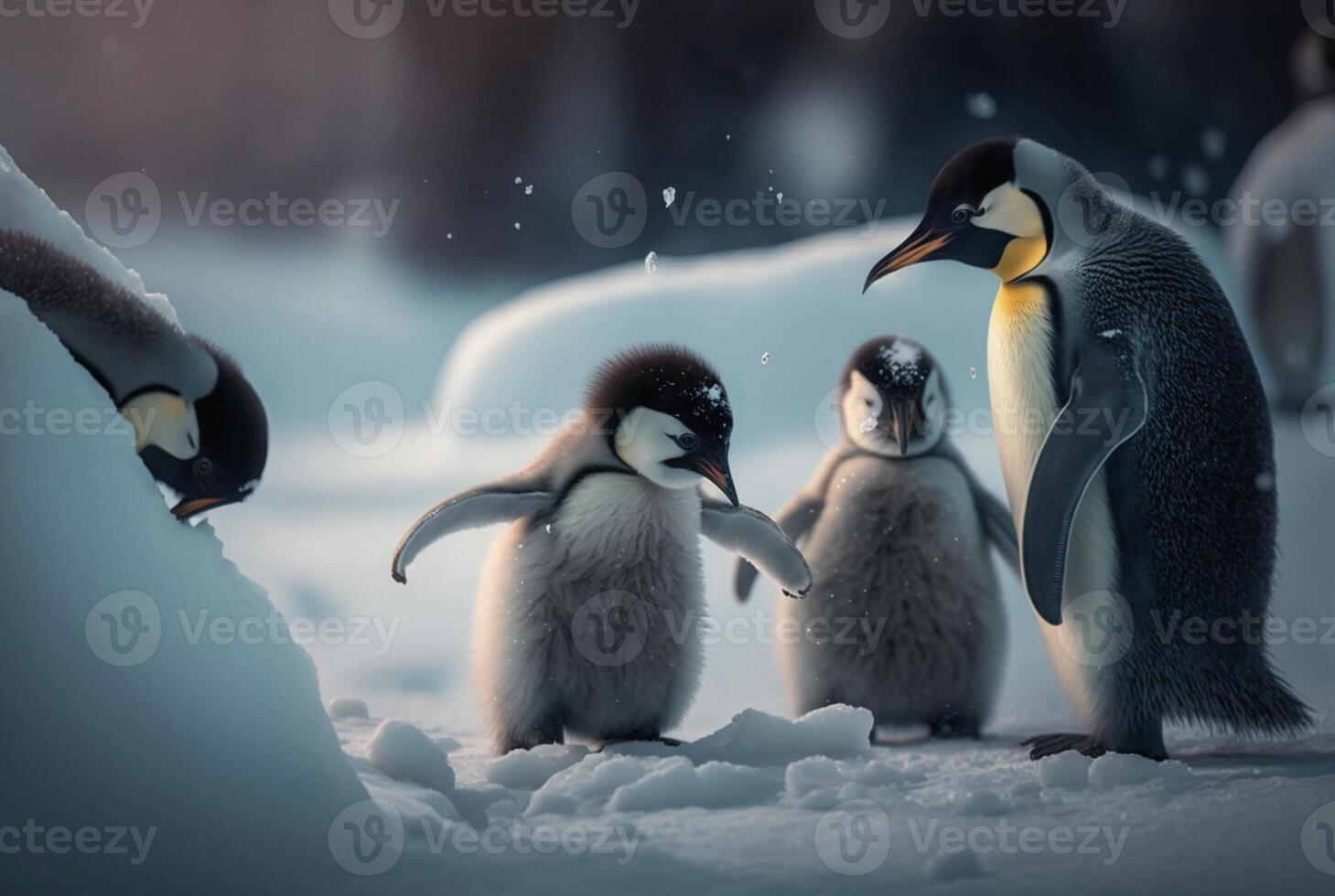 penguins playing in the snow. photo