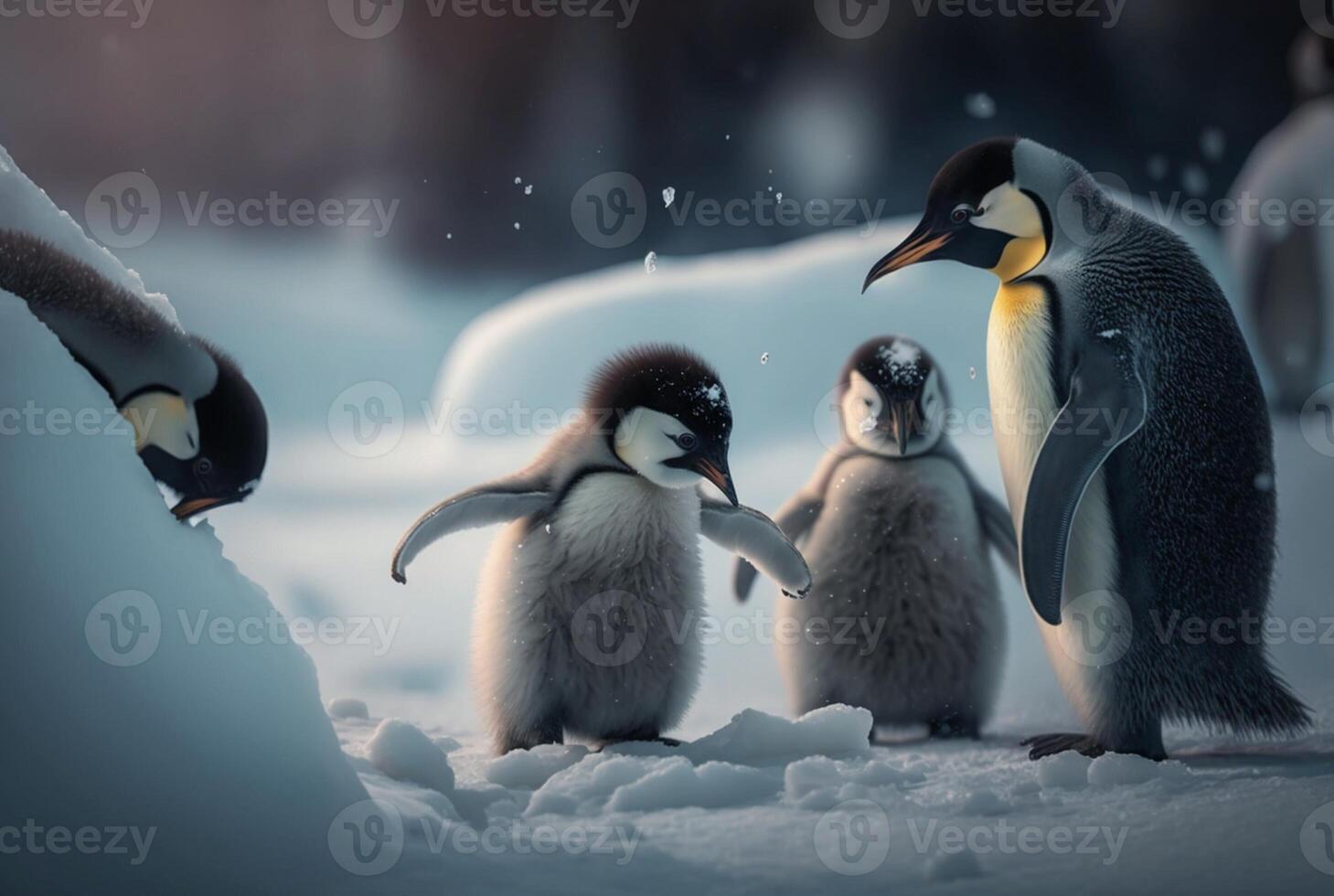 pingüinos jugando en el nieve. generativo ai foto