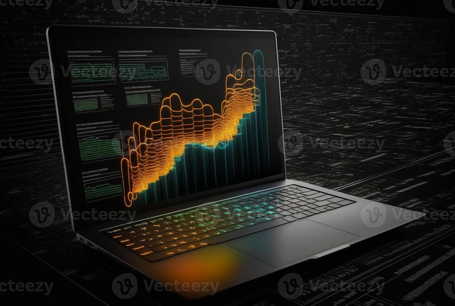 laptop with data analytics isolated black background. photo