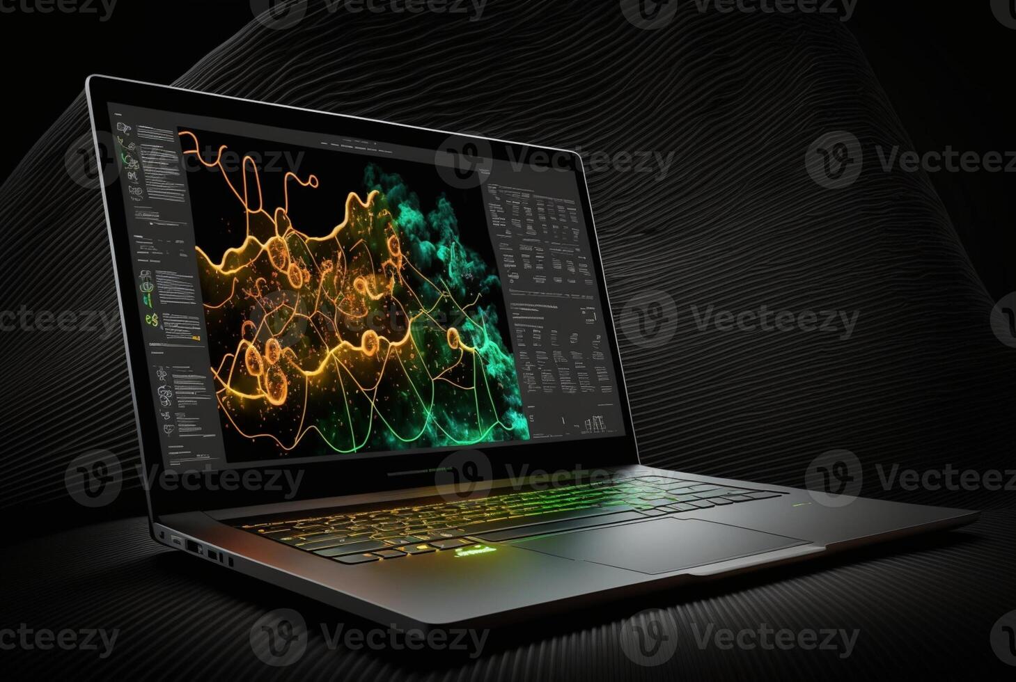 laptop with data analytics isolated black background. photo