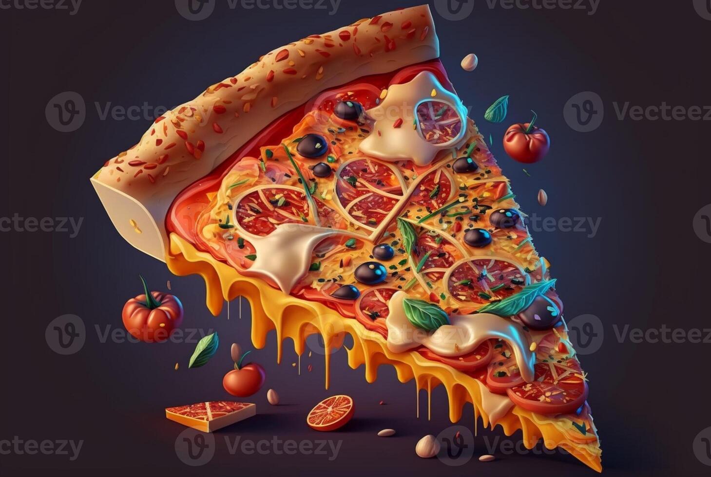 rebanada de delicioso Pizza en oscuro antecedentes. generativo ai foto