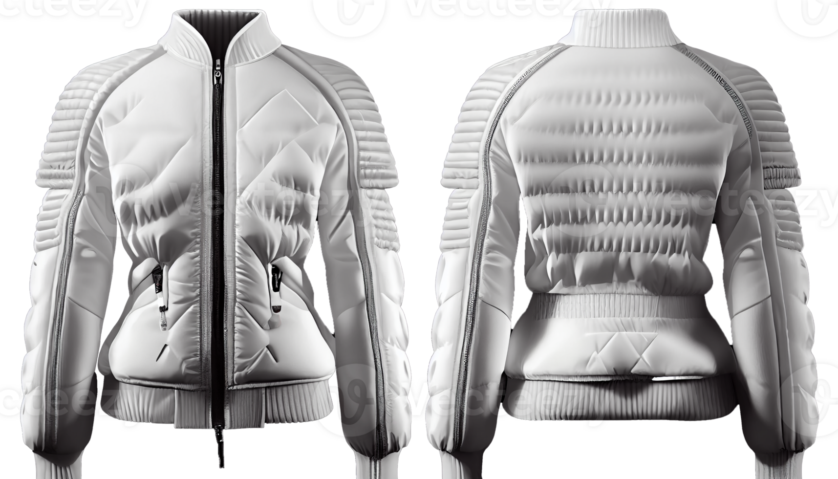 Blank Bomber jacket puffer Full zipper for mockup, 3d render, white color front and back, copy space, png