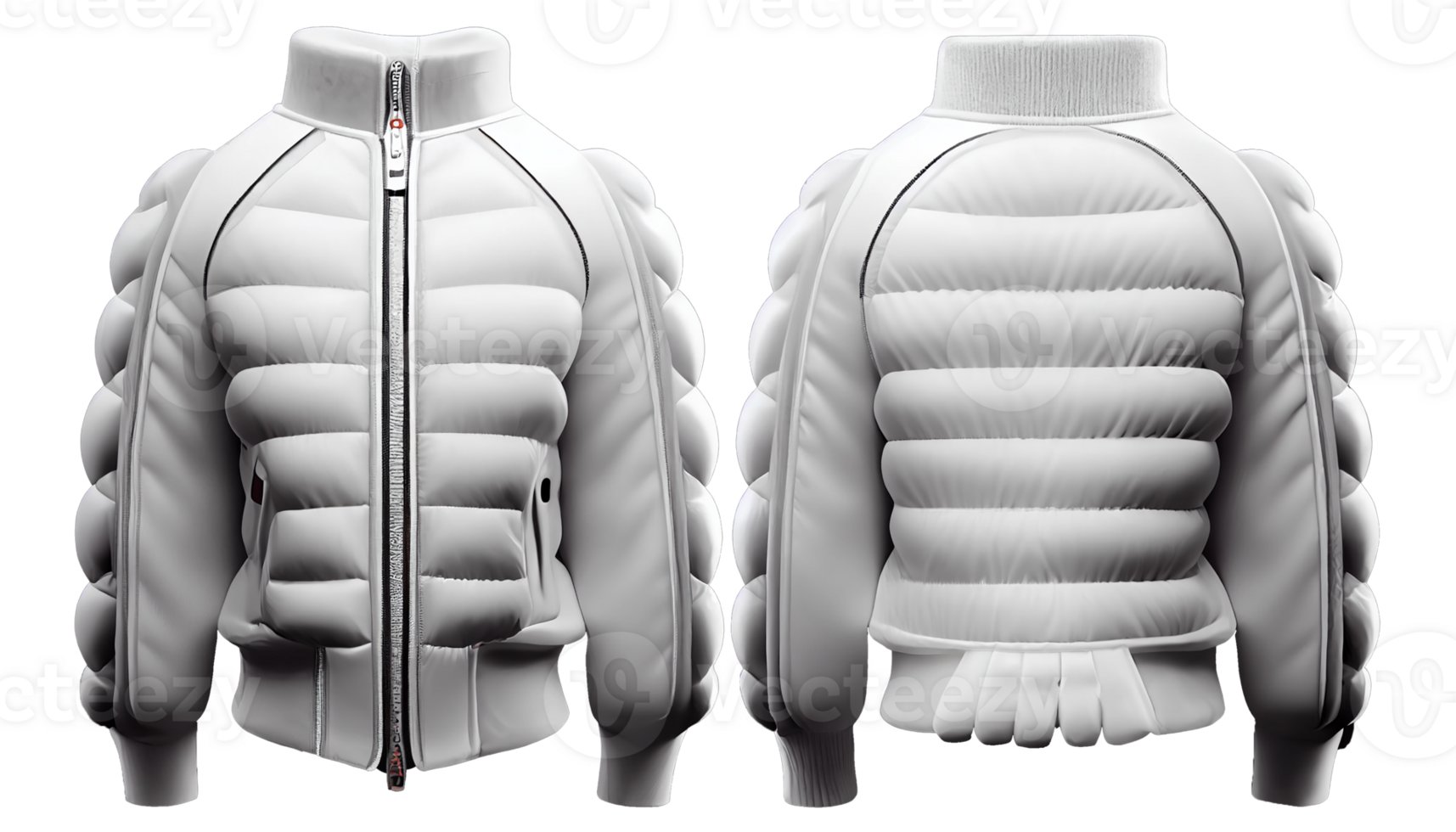 Blank Bomber jacket puffer Full zipper for mockup, 3d render, white color front and back, copy space, png