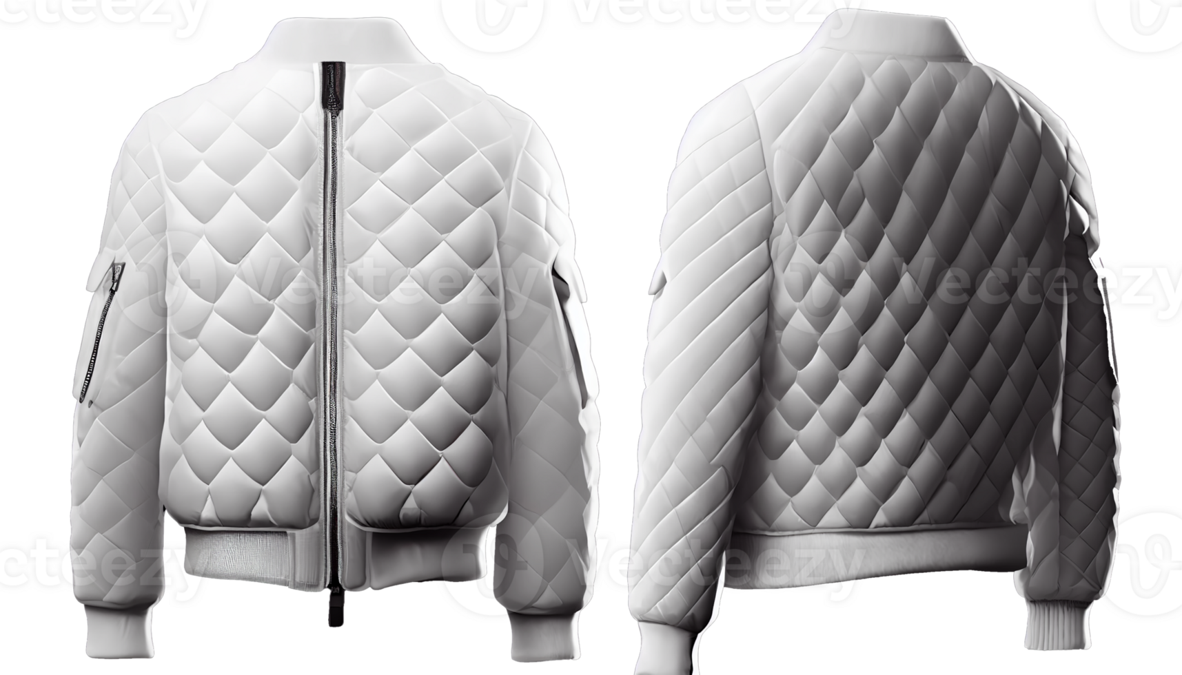 Blank Bomber jacket puffer Full zipper for mockup, 3d render, white color front and back, copy space, png