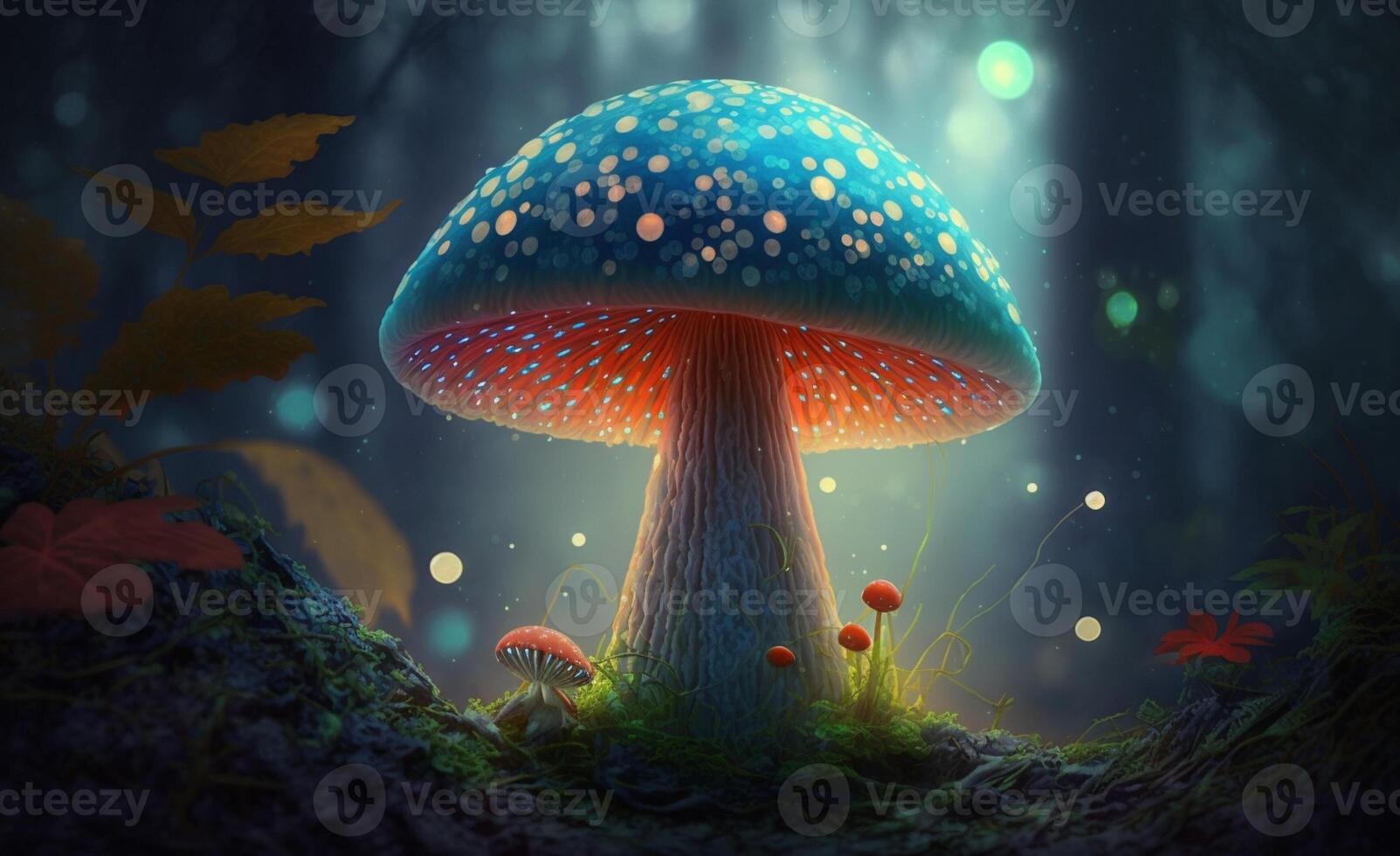 Magic mushroom in the forest glowing in the night, . photo