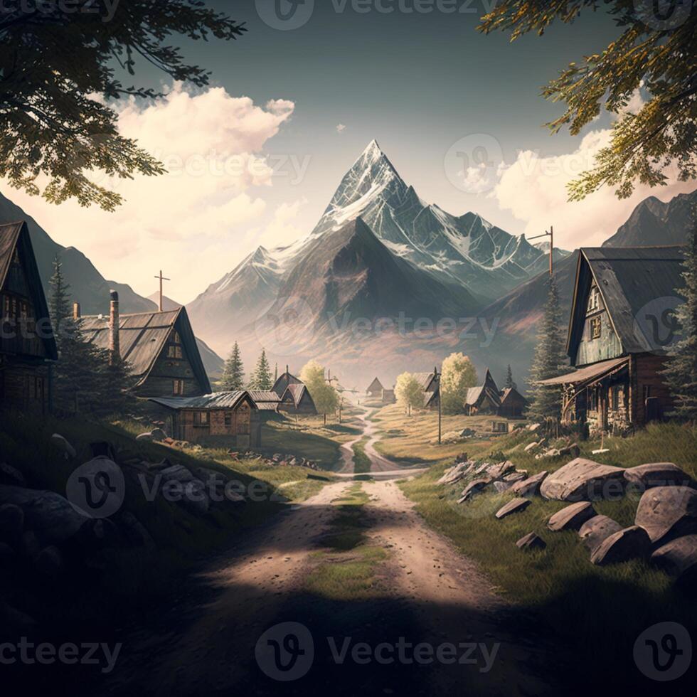 Mountains background with huts photo