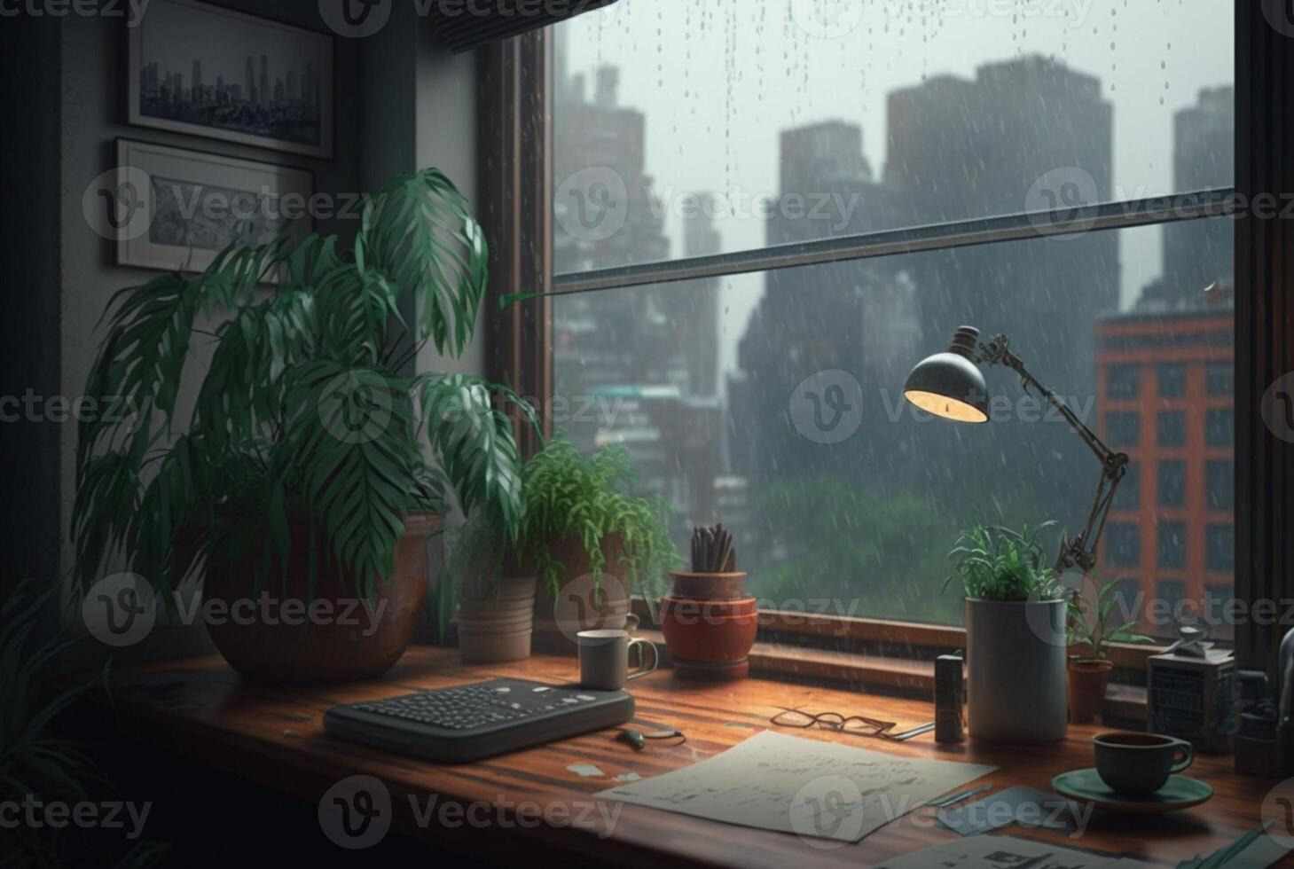 a table with a book and a plant on it in front of a window with a view of the city outside the rainy window. photo