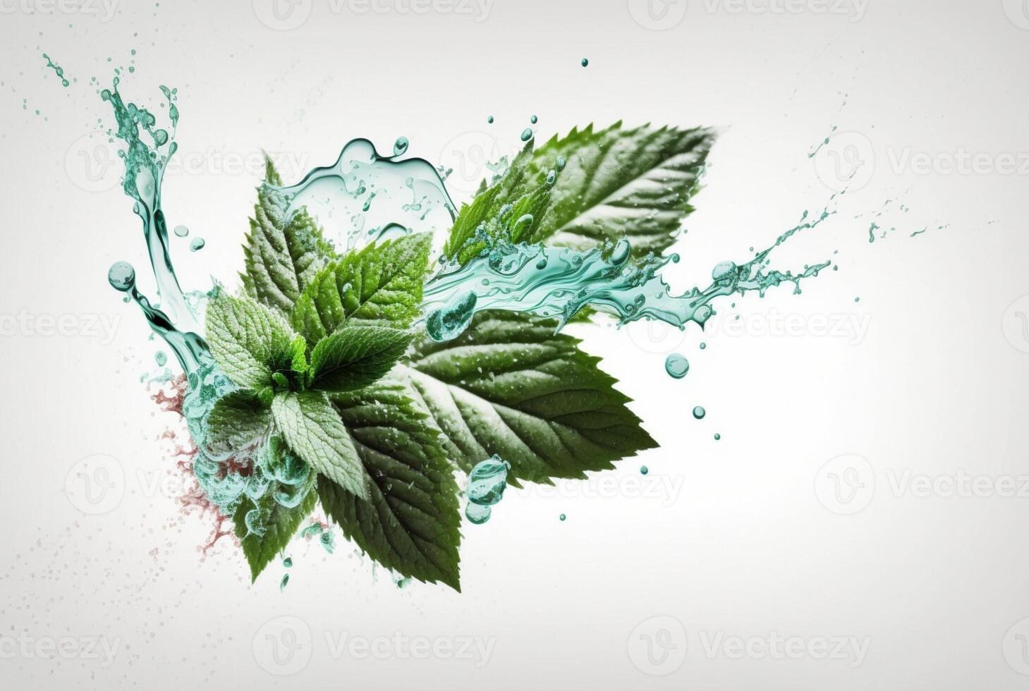 Green mint leaf with water splash isolated on white background. photo