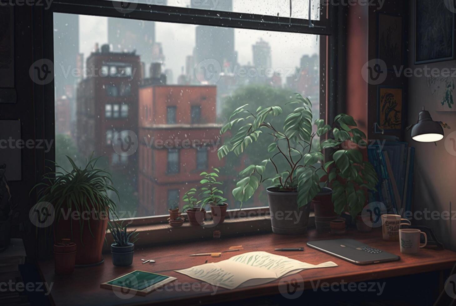 a table with a book and a plant on it in front of a window with a view of the city outside the rainy window. photo