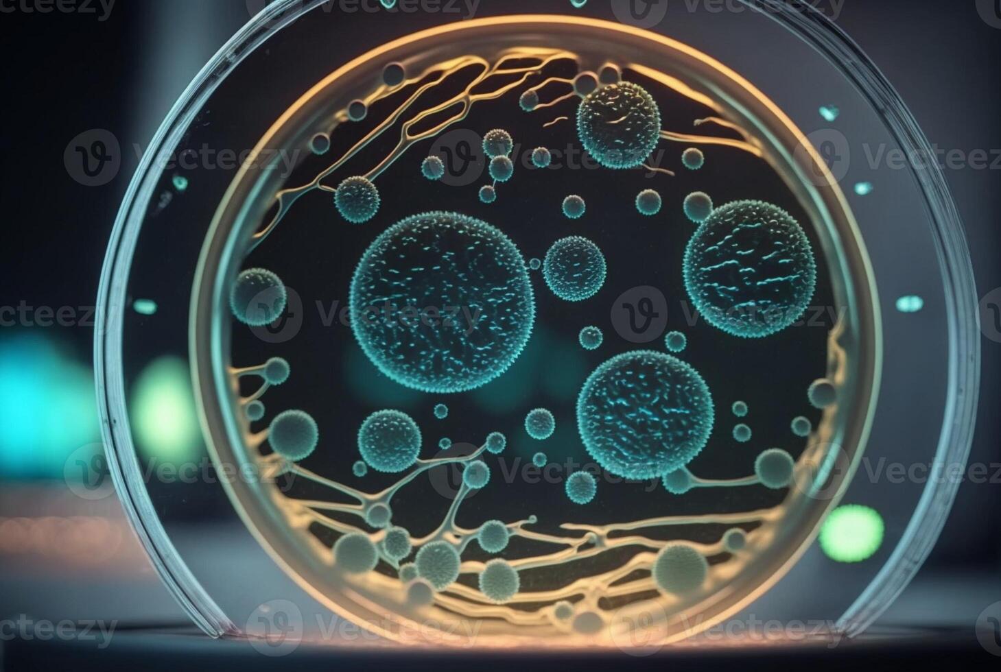 close-up of bacteria, with magnifying glass in the background. photo