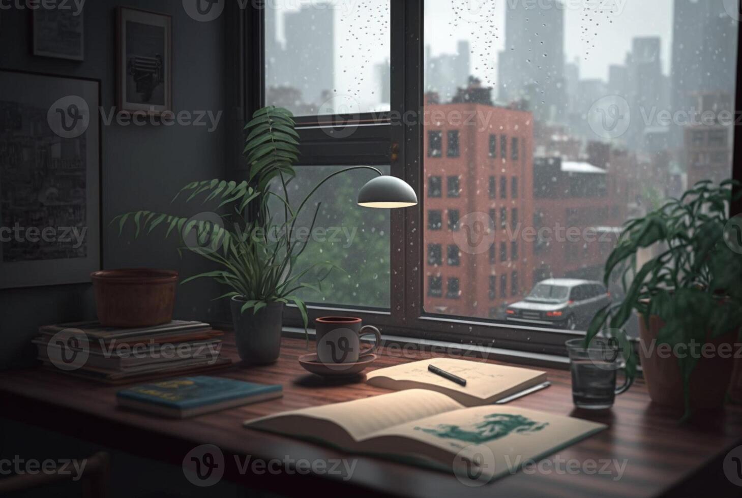 a table with a book and a plant on it in front of a window with a view of the city outside the rainy window. photo