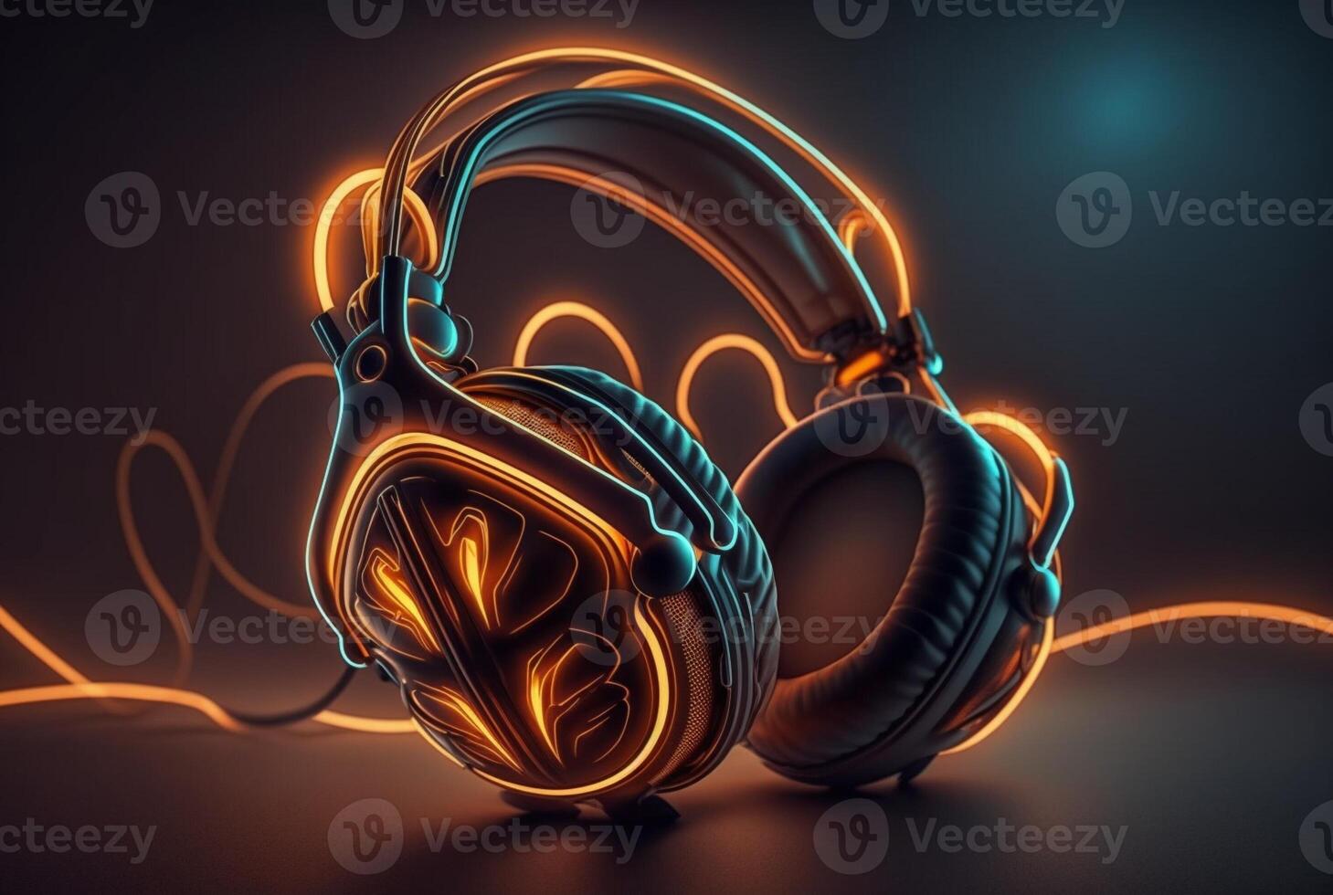 Headphones with neon light on dark background. photo