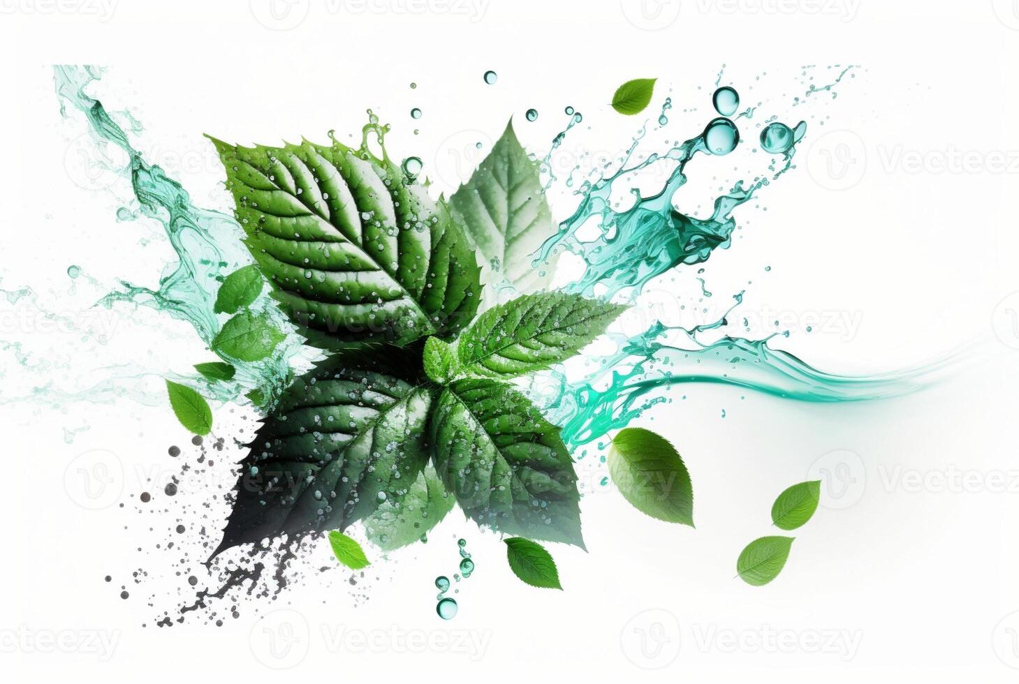 Green mint leaf with water splash isolated on white background. photo