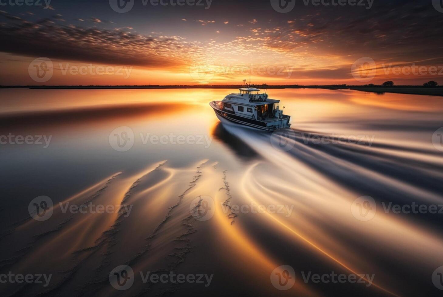 landscape view of ship on river and sunset, photo