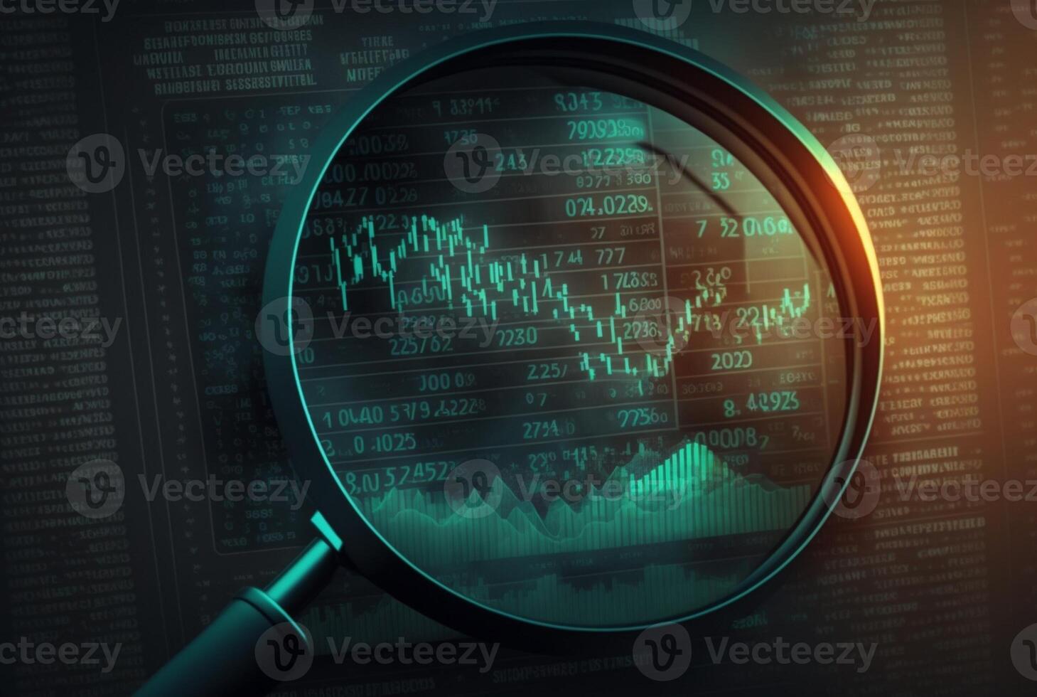 Magnifying glass search for investment and stock market. photo